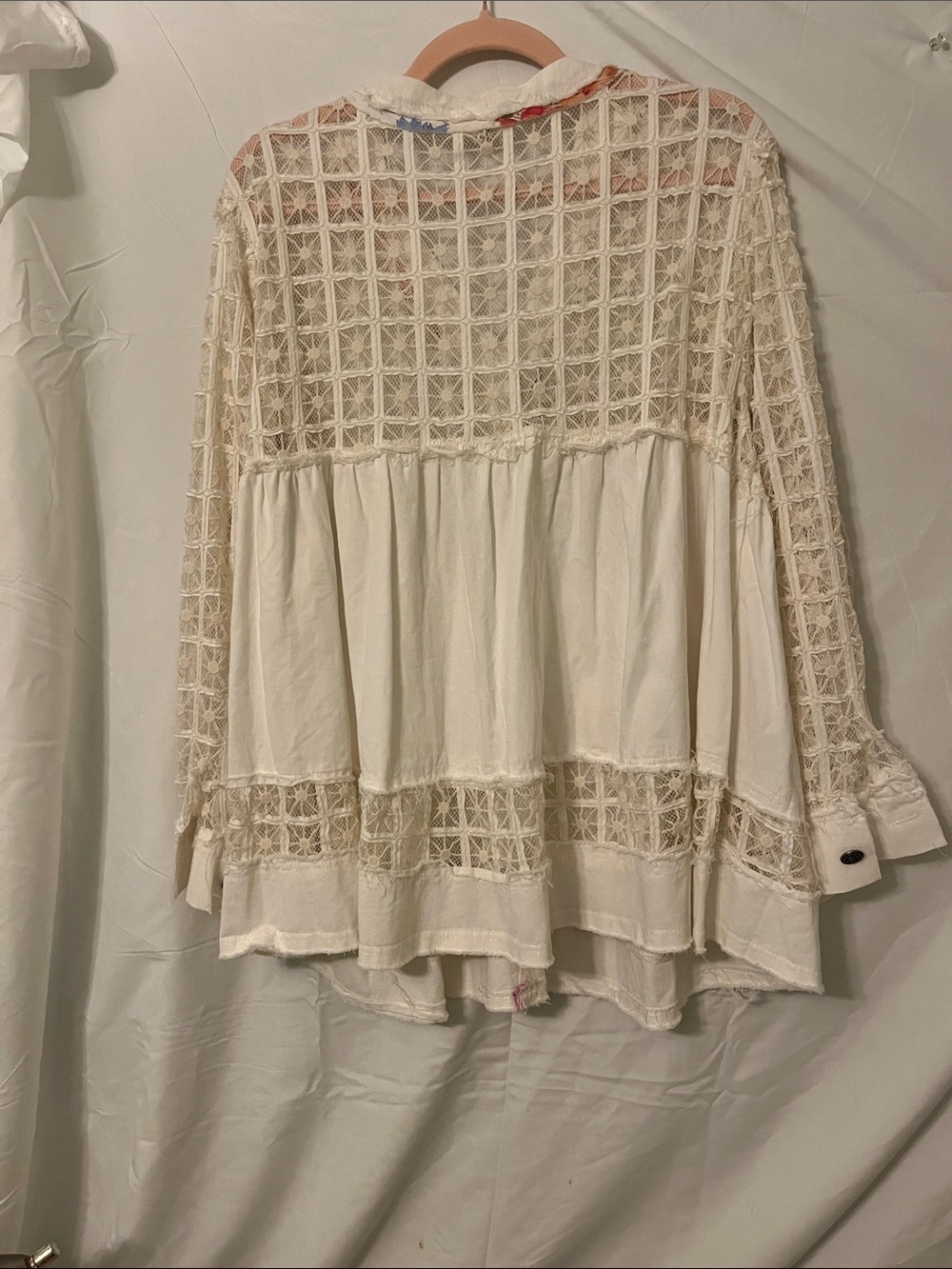 POL Cream Crochet-Panel Button Front Peplum Blouse with Multicolor Trim - Picture 6 of 6
